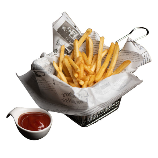 A paper-cone-style serving of French fries with ketchup in a separate small bowl.
