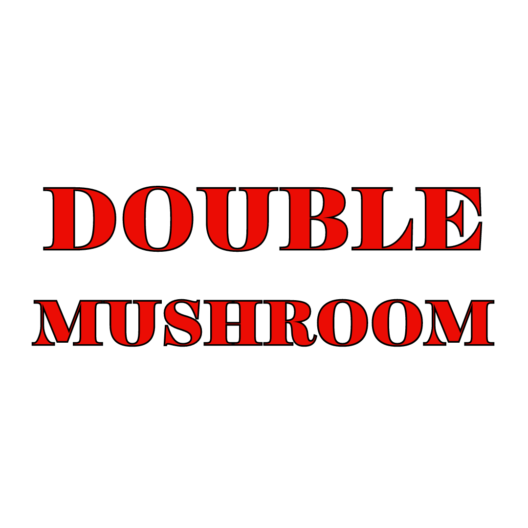 The image shows the text 'DOUBLE MUSHROOM' in red bold font on a white background.
