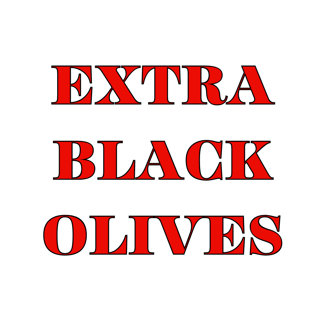 The image displays a product title 'Extra Black Olives' in white text on a red background.