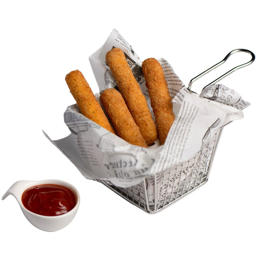 A paper-lined basket containing mozzarella cheese sticks, with a side of marinara sauce in a small white cup.