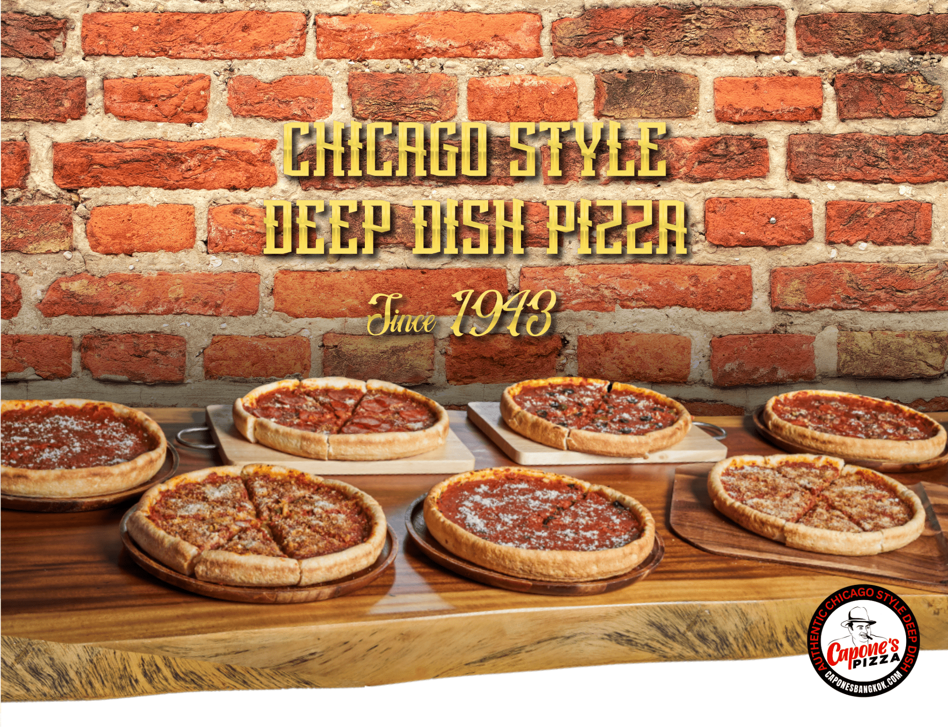Chicago-style deep dish pizzas on a wooden table with a brick wall background and Dine's Pizza logo.