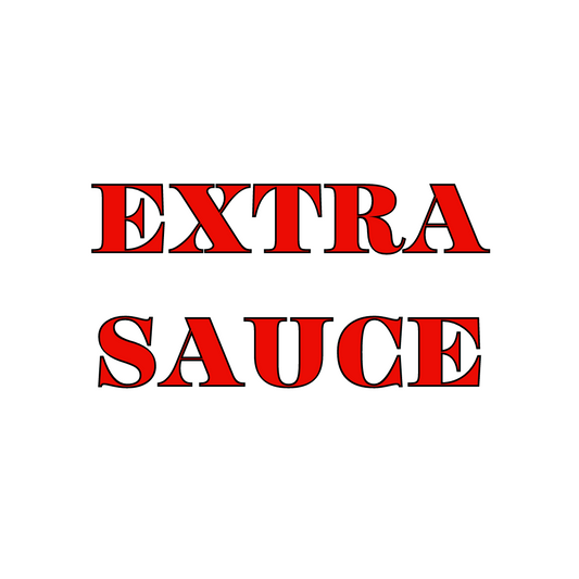 The image displays a product label for "Extra Sauce." The label features the product name in bold, red text on a white background.