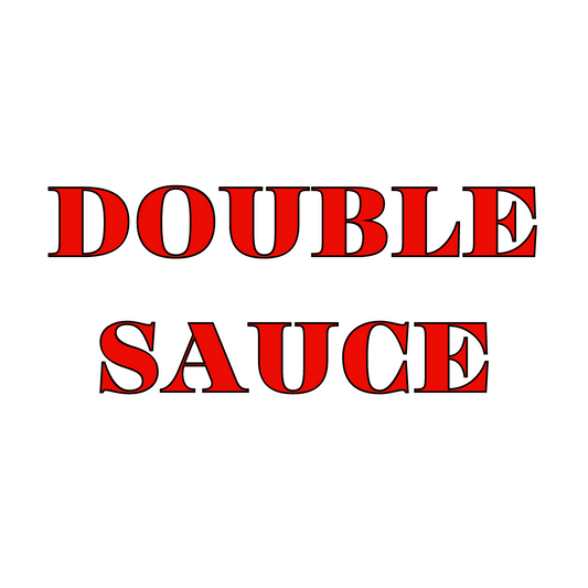 A product label for Double Sauce with a red background and white text.