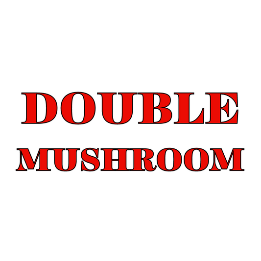 The image shows the text 'DOUBLE MUSHROOM' in red bold font on a white background.
