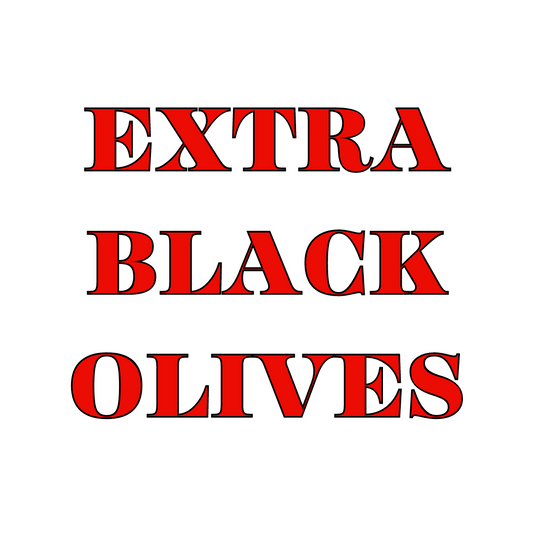 The image displays a product title 'Extra Black Olives' in white text on a red background.