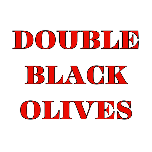 A product image featuring the text 'DOUBLE BLACK OLIVES' on a white background.