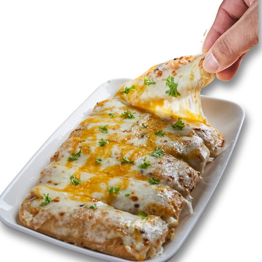 A piece of cheesy bread being pulled out from a plate, topped with cheese and herbs.